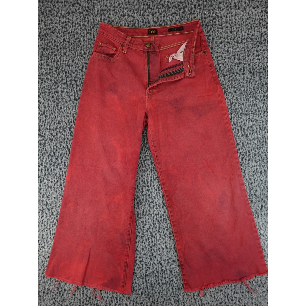 Lee High Rise A-Line Jeans Womens 27 Red Acid Wash Wide Leg Raw Hem